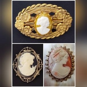 Vintage 2 cameo brooches,1 cameo scarf clip
